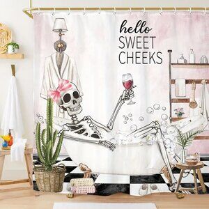 Skeleton in Bathtub Wine Glass Halloween Shower Curtain Set Pink Bathroom Decor